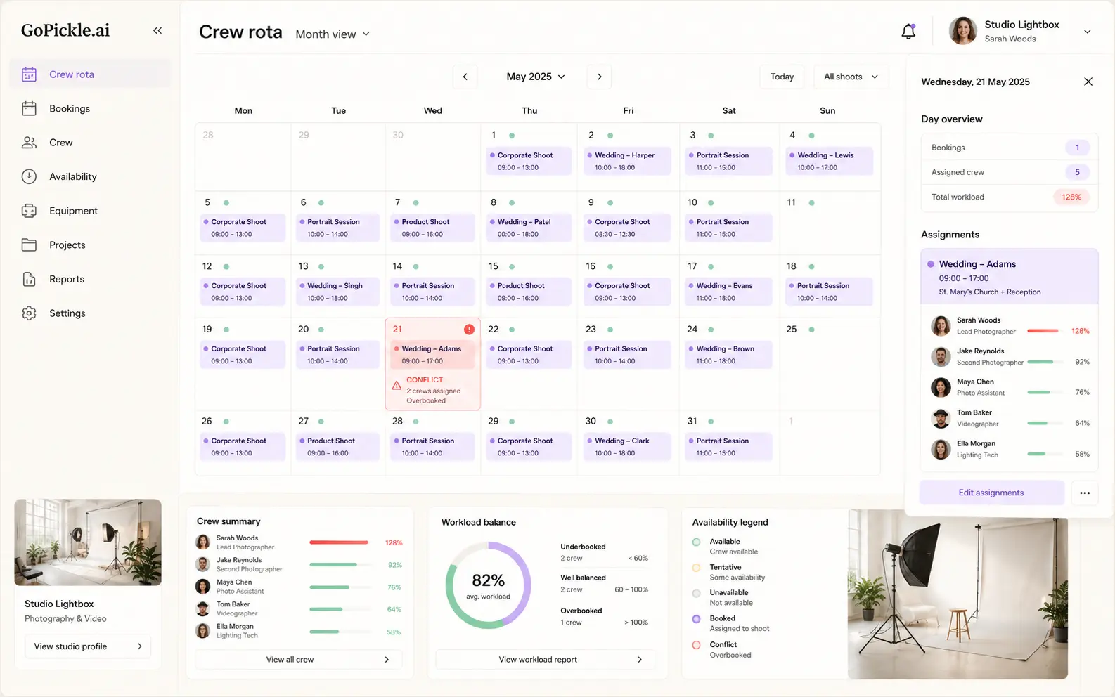 Photography crew rota showing availability, bookings and workload across a busy month