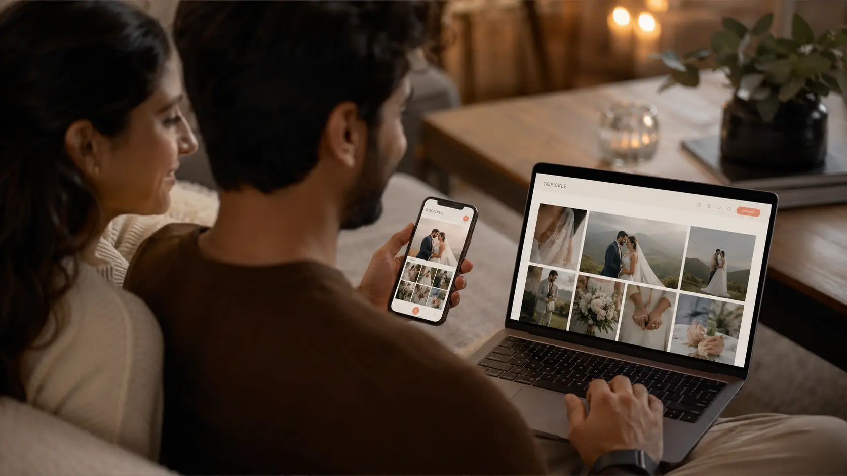 Couple or family viewing a professional online photo gallery on phone and laptop