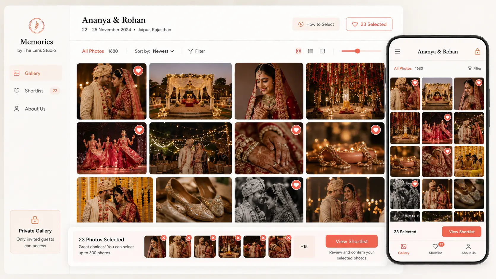Photo selection gallery showing favourites shortlist and album selection flow for clients