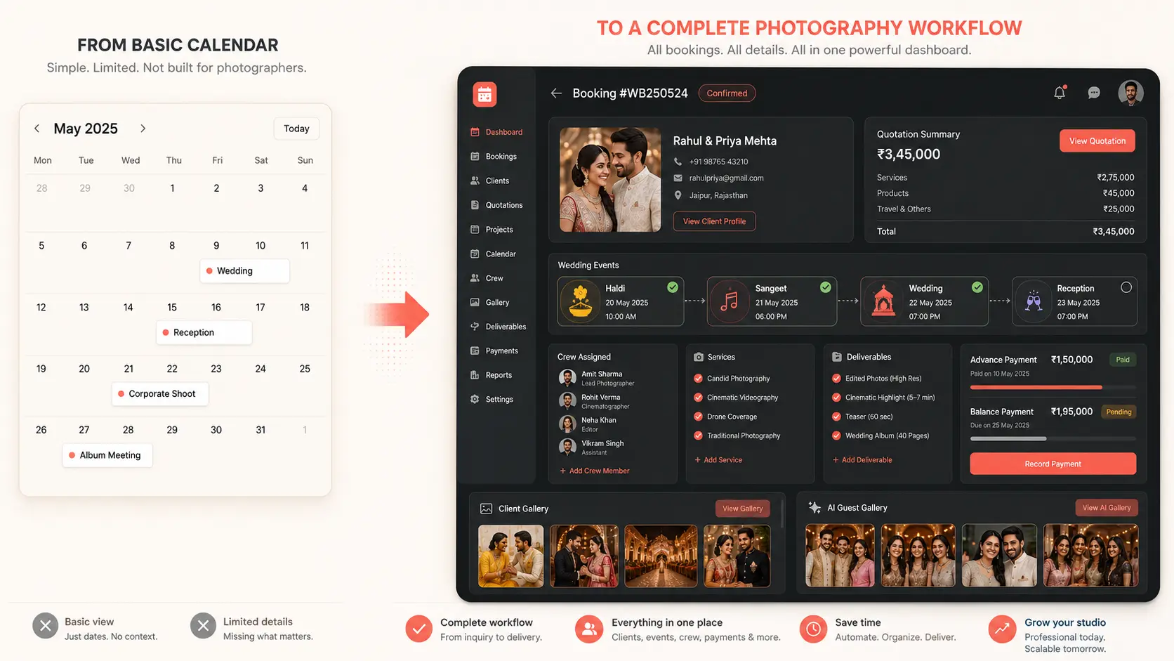 Google Calendar schedule compared with a complete GoPickle photography booking