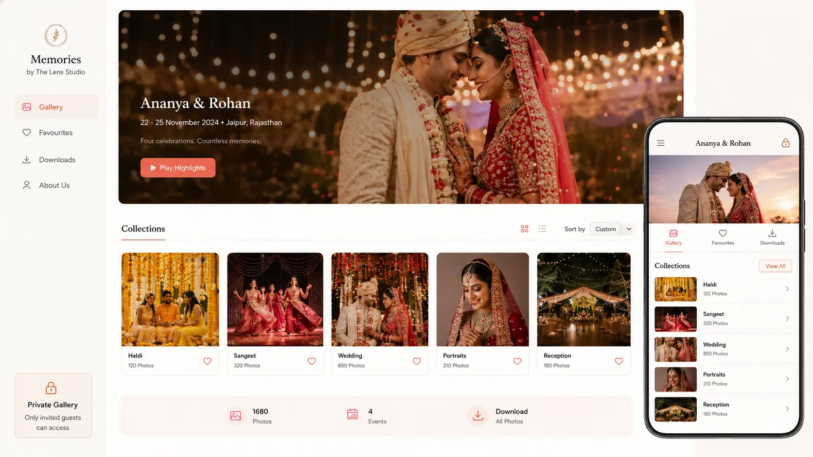 Wedding photo delivery gallery organised into Haldi Sangeet ceremony portraits and reception collections