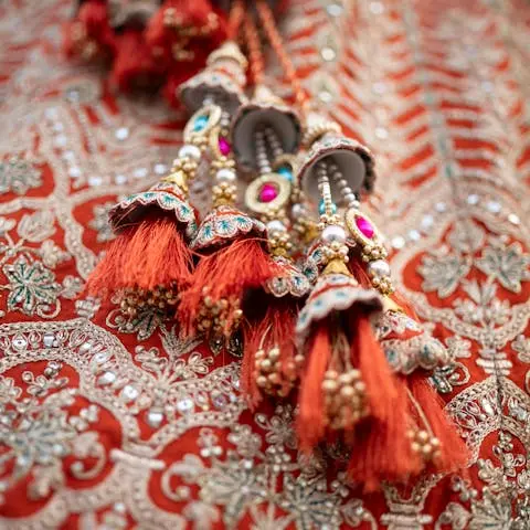 Intricate details of a traditional Indian bridal lehenga