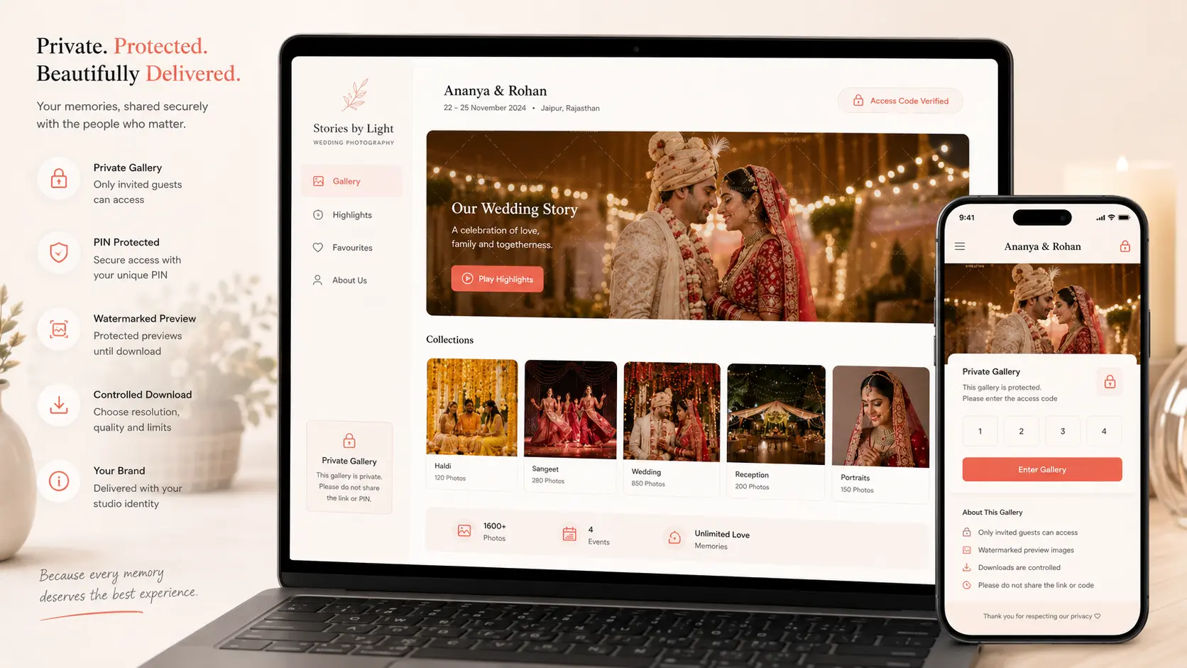 Secure client photo gallery with password access watermark preview and download controls