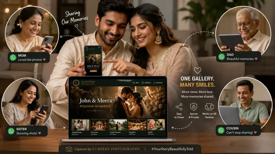 Family members viewing and sharing a branded wedding photo gallery on different devices.
