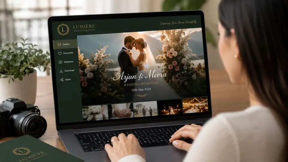 Client viewing a branded photo gallery created by a professional photography studio.