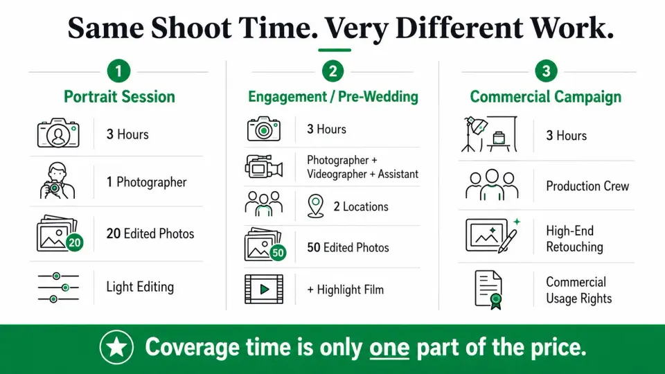 Comparison of three photography assignments with the same shoot duration but different crew, deliverables and production requirements.