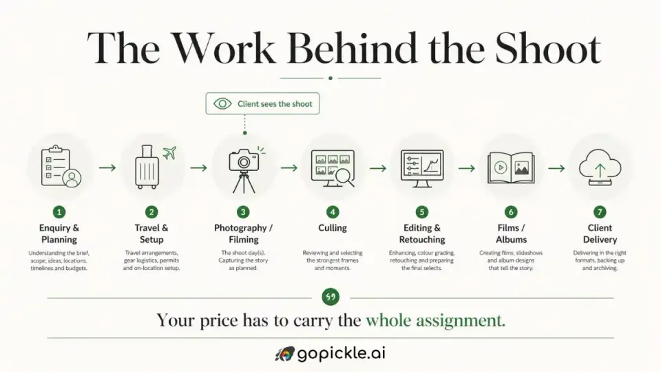 Photography workflow showing planning, shooting, editing, retouching and delivery tasks that contribute to photography pricing.
