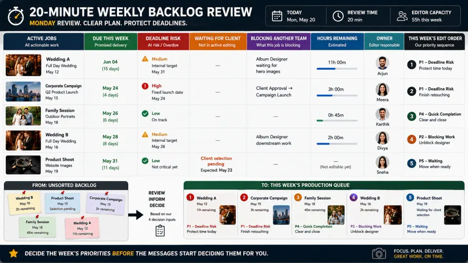Weekly photography editing backlog review showing due dates, deadline risks, waiting jobs, blockers, remaining production hours and editing priorities.