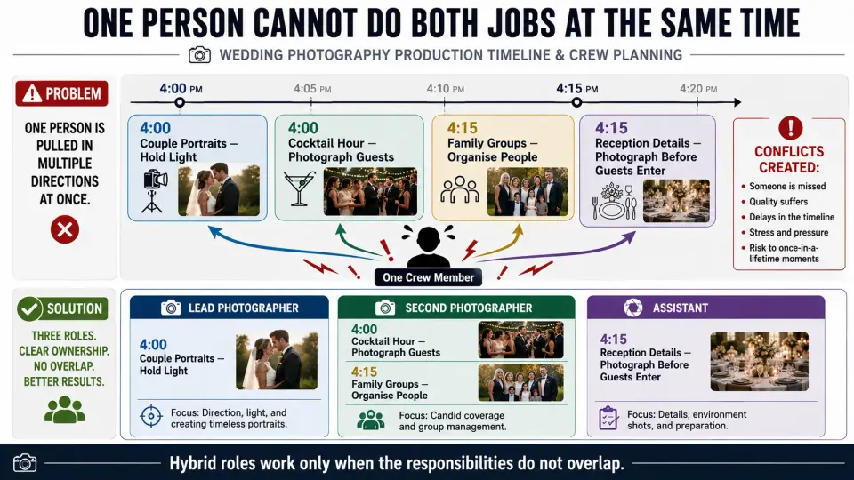 Photography production timeline showing conflicts when one crew member is expected to work as both second photographer and assistant simultaneously.