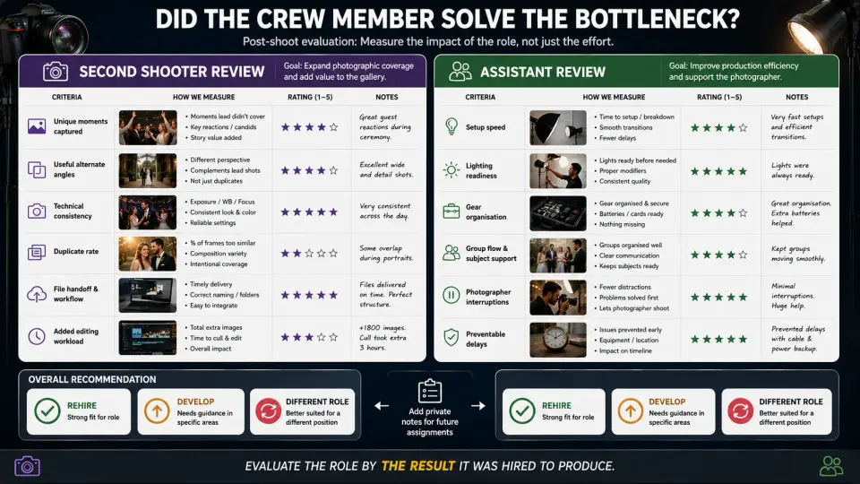Photography crew evaluation dashboard comparing second shooter performance with photography assistant performance after a shoot.