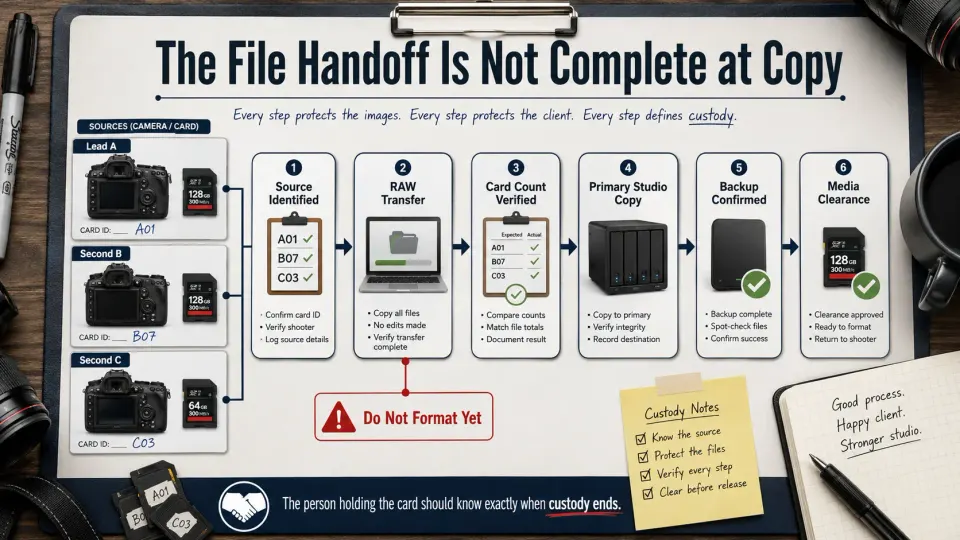 Photography file handoff workflow showing RAW transfer, source tracking, verification, studio backup and safe memory card clearance.