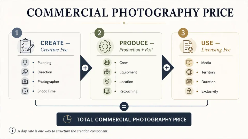 Commercial photography fee diagram comparing creative fee, production costs and photography licensing fees.