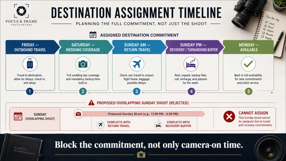 Photographer availability calendar showing travel days, wedding coverage, return travel and turnaround buffer before the next assignment.