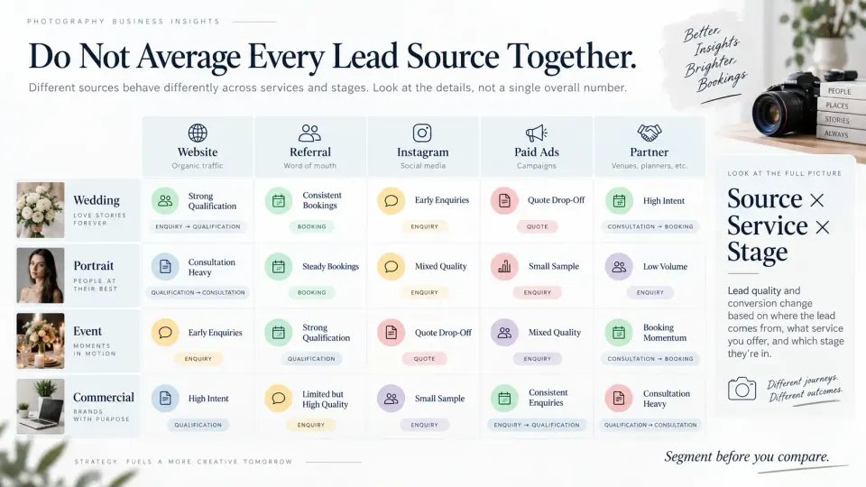 Photography lead source conversion matrix comparing website, referral, Instagram, advertising and partner enquiries across different photography services.