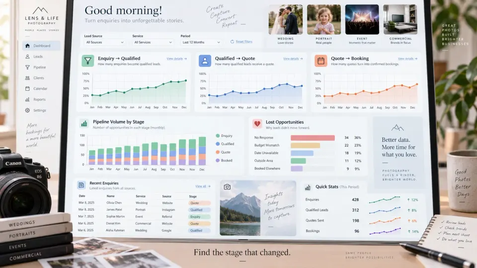 Photography CRM metrics dashboard tracking enquiry qualification, quotation and booking conversion trends by source and service.