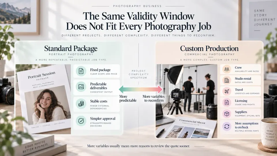Photography estimate validity comparison between standard photography packages and custom commercial productions.