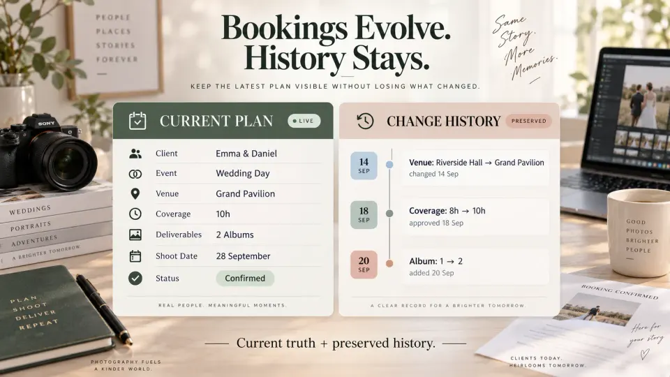 Photography booking record showing current client information alongside a history of venue, coverage and deliverable changes.