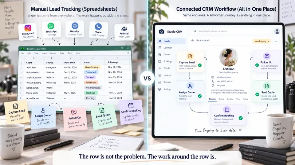 Photography enquiries from several channels showing manual spreadsheet tracking compared with a connected CRM workflow.