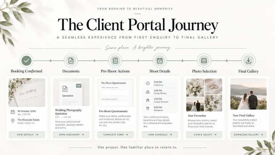 Photography client portal journey showing booking, documents, preparation, shoot information, photo selection and final gallery delivery.