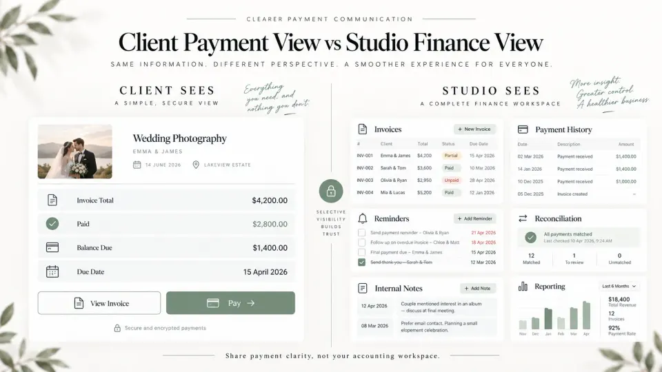 Comparison of photography client portal payment information with the photographer's internal finance and invoice management view.