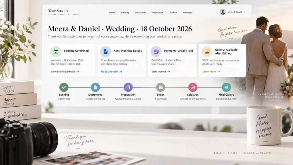 Photography client portal and internal studio management record showing which project information belongs in each interface.