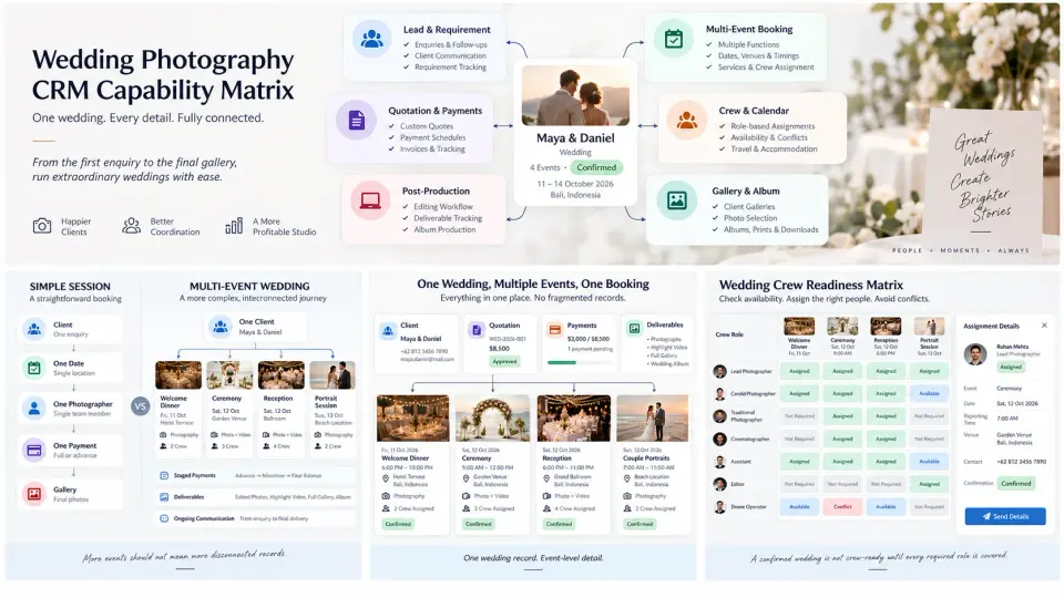 Wedding photography crew readiness matrix showing roles and assignments across multiple wedding functions.