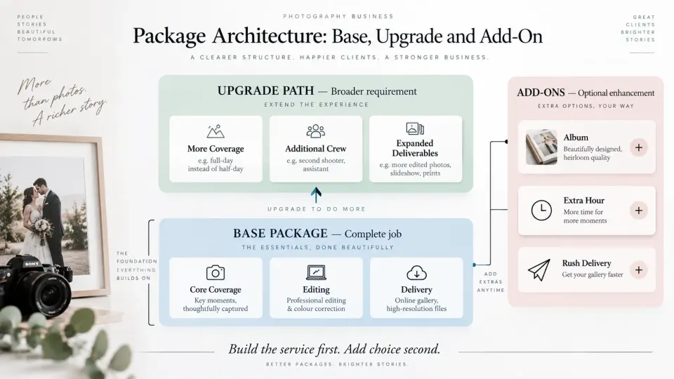 Photography package architecture separating a complete base package, upgrade path and optional add-ons.