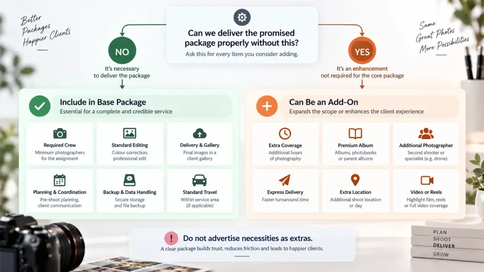 Photography package decision framework for separating essential inclusions from optional photography add-ons.