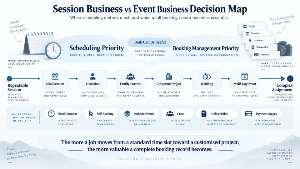 Decision diagram showing when session photographers need scheduling software and when event studios need booking management.