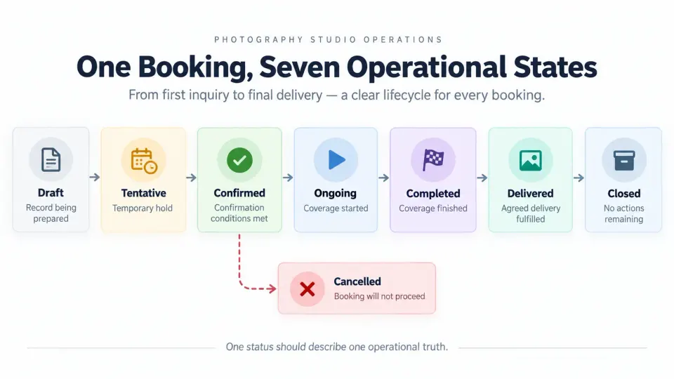 Photography booking status diagram showing the lifecycle from Draft and Tentative through Confirmed, Ongoing, Completed, Delivered and Closed.