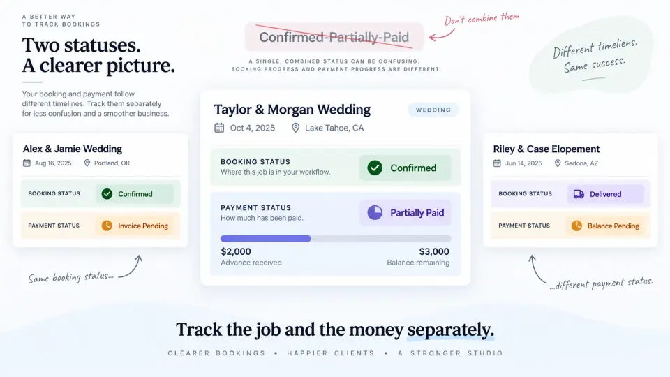 Photography booking management interface separating confirmed booking status from partial payment status.