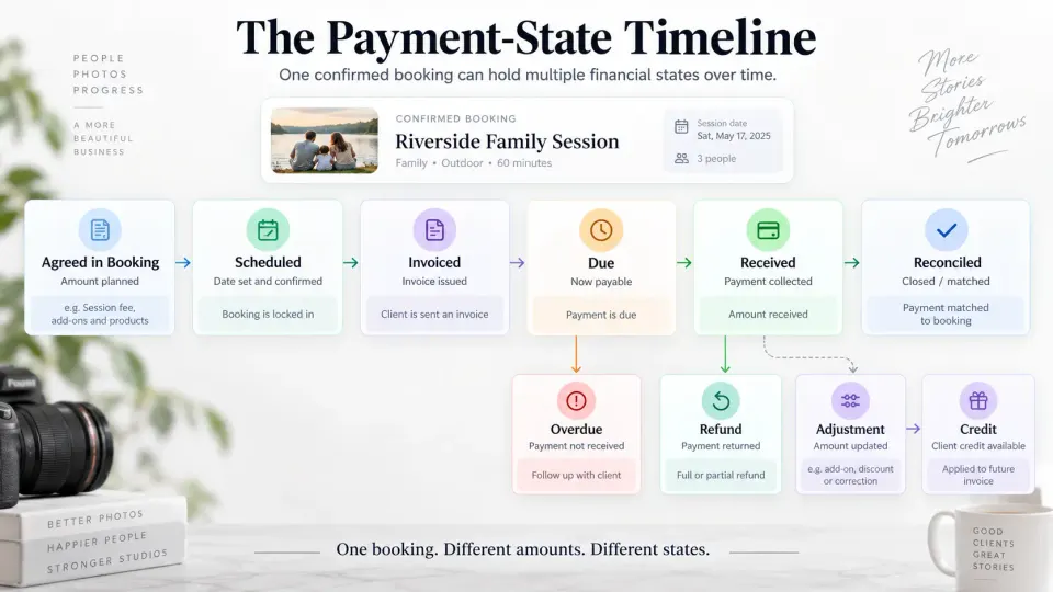 Photography payment-state timeline separating scheduled, invoiced, due, received, overdue, refund and credit amounts.