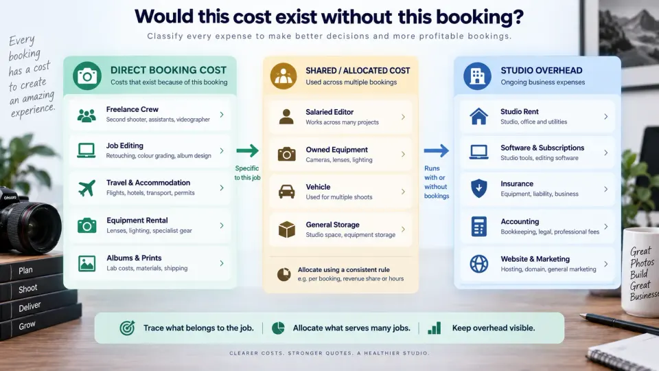 Photography job cost and overhead matrix classifying crew, travel, equipment, software and studio expenses.