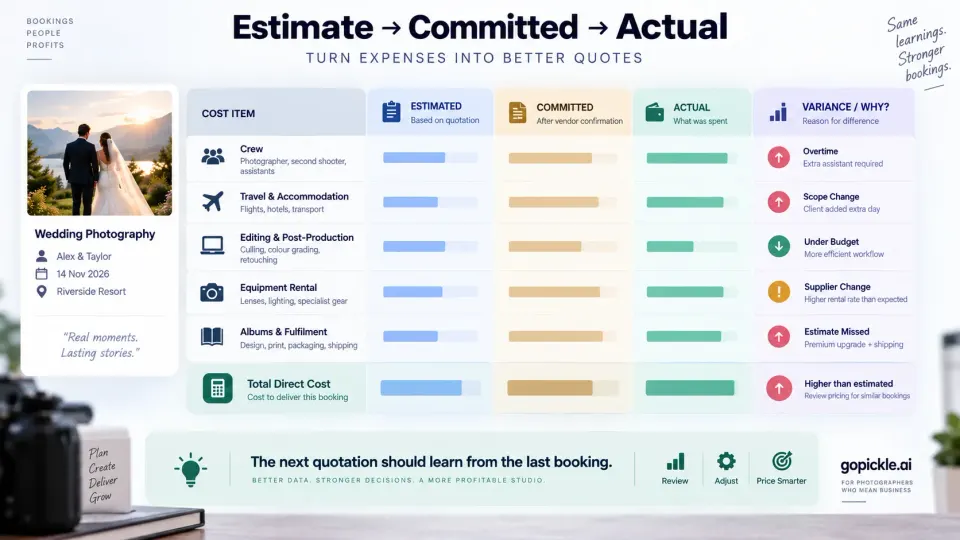 Photography job-cost reconciliation comparing estimated, committed and actual project expenses with variance reasons.